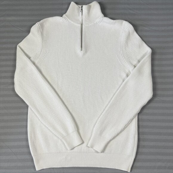 Zara Sweater Mens Medium White Ribbed Quarter Zip Pullover Cotton Knit Bulgaria - Picture 1 of 12
